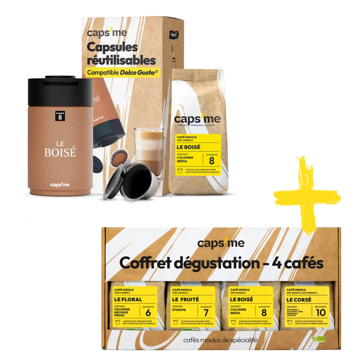 coffret capsme premium pour Dolce Gusto® avec capsules reutilisables et coffret degustation 4 cafes de spécialité.webp